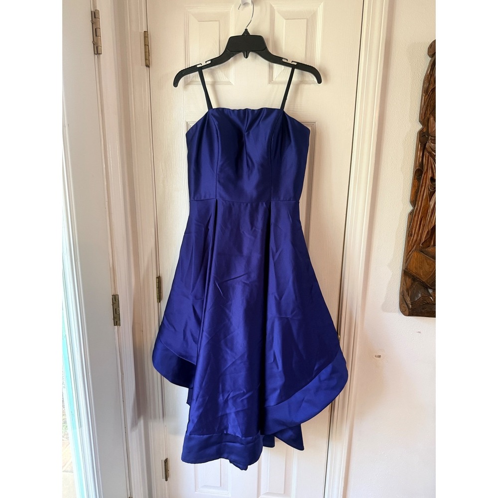 AQUA Mikado Strapless Midi Gown Indigo Blue High-Low Dress A24816 Size 14 NEW